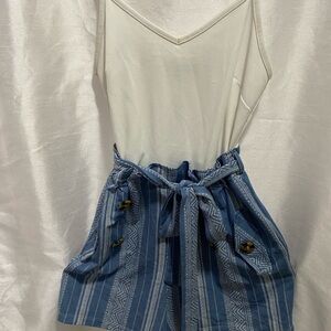 White Top with Blue Striped Shorts romper